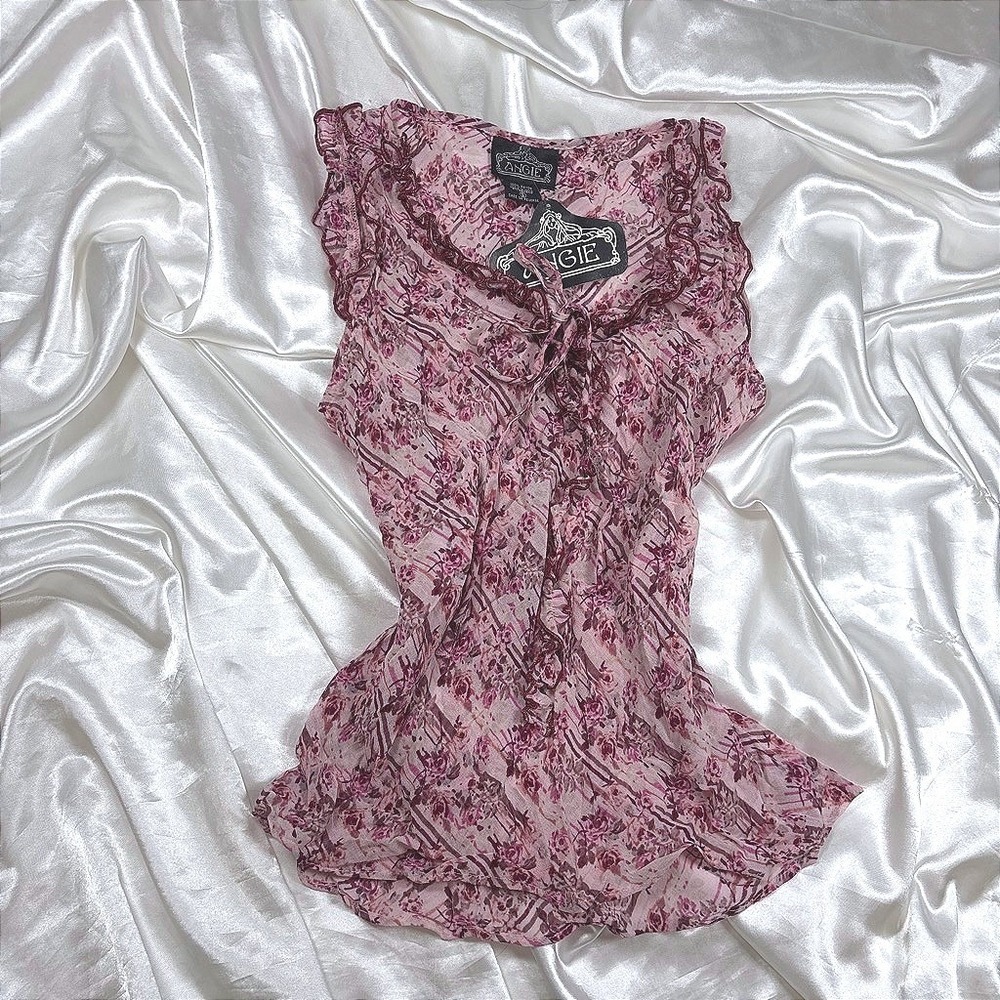 y2k Sleeveless Blouse Pink NWT Angie Floral Ruffle Tie Front Sheer Top